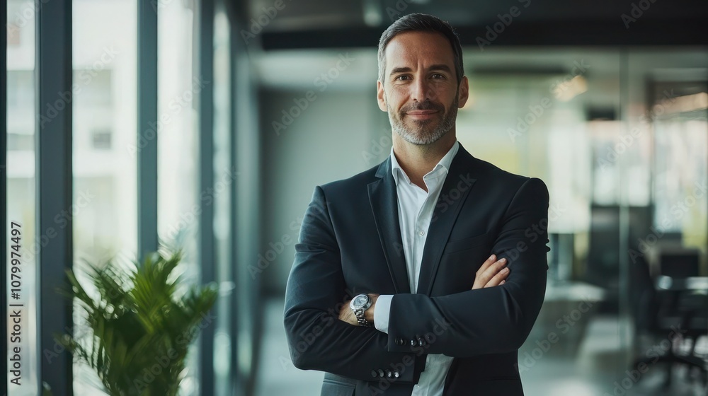 A portrait of a confident CEO standing tall in a modern office setting. A portrait of a confident CEO standing tall in a modern office setting.