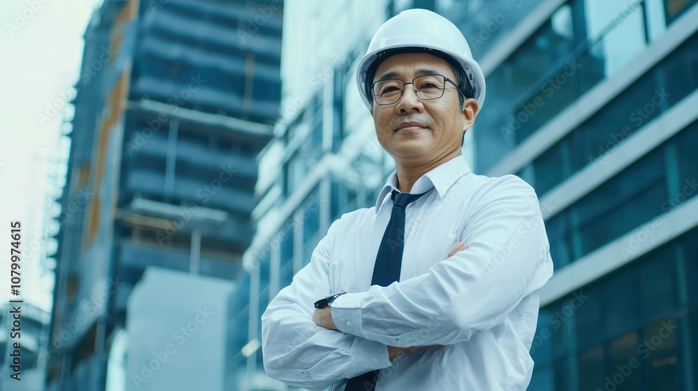 A portrait of an Asian architect standing in front of a landmark building, showcasing their contributions to the field A portrait of an Asian architect standing in front of a landmark building, showcasing their contributions to the field