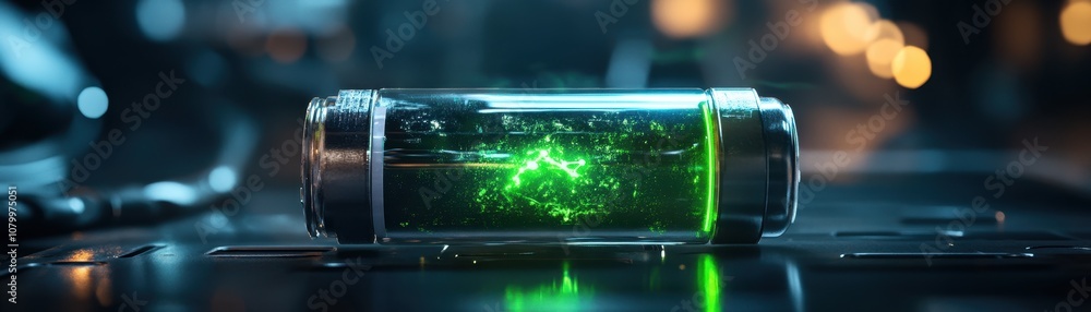 Close-up of an eco-friendly lithium battery emitting a vibrant green aura, symbolizing sustainable energy solutions. Close-up of an eco-friendly lithium battery emitting a vibrant green aura, symbolizing sustainable energy solutions.