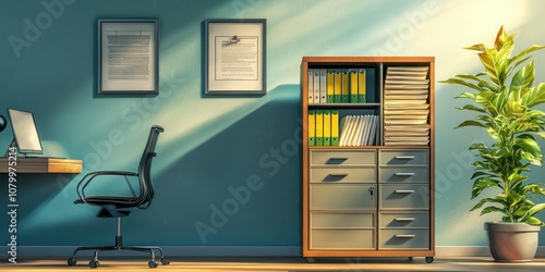 A stylish filing cabinet open to reveal organized files, set in a professional office environment photo