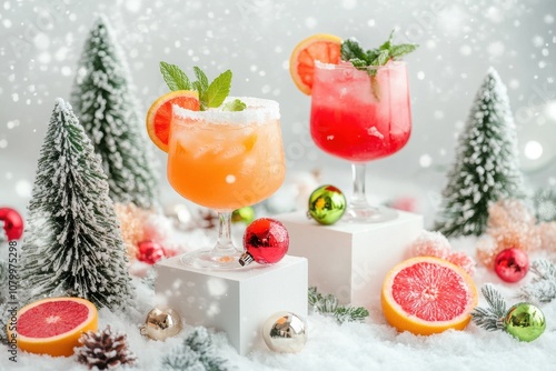 Christmas cocktails on white cube pedestals, decorated with Christmas trees, snowy background. Red wine glasses with colorful drinks, orange juice in one glass, and a pink sweet vermouth cocktail