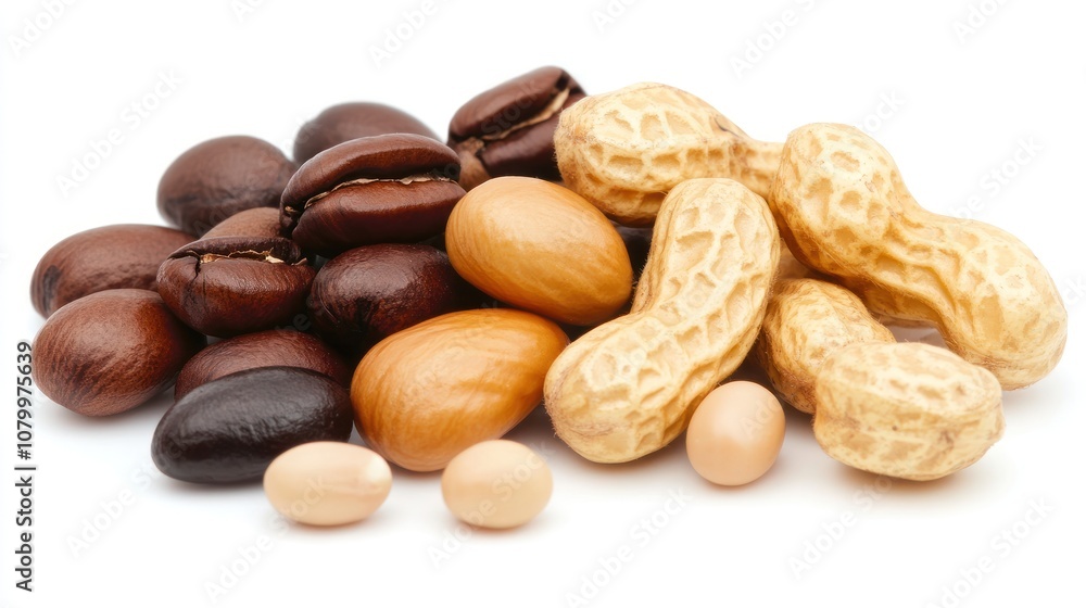 A variety of nuts and coffee beans arranged on a white background. A variety of nuts and coffee beans arranged on a white background.