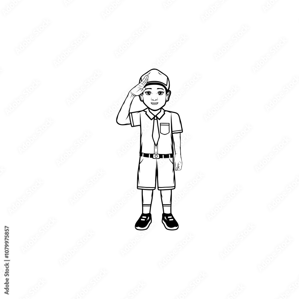 little boy wearing elementary school uniform poses respectfully black and white vector line art
