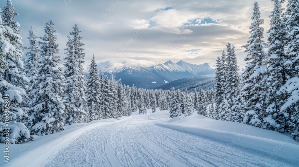 A snow-packed cross-country trail winding through dense pines, with a mountain range in view. A snow-packed cross-country trail winding through dense pines, with a mountain range in view.