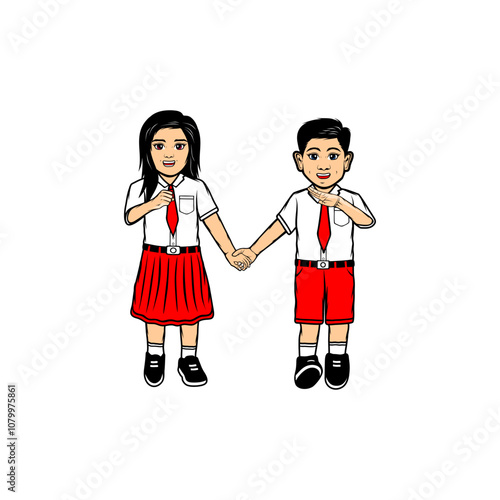 cartoon boy and girl in elementary school uniform cheerfully holding hands cartoon vector illustration