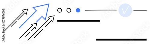 Arrows pointing upwards, dot elements, horizontal lines, and a checkmark. Ideal for growth, progress, focus, achievement strategy development and goals. Line metaphor