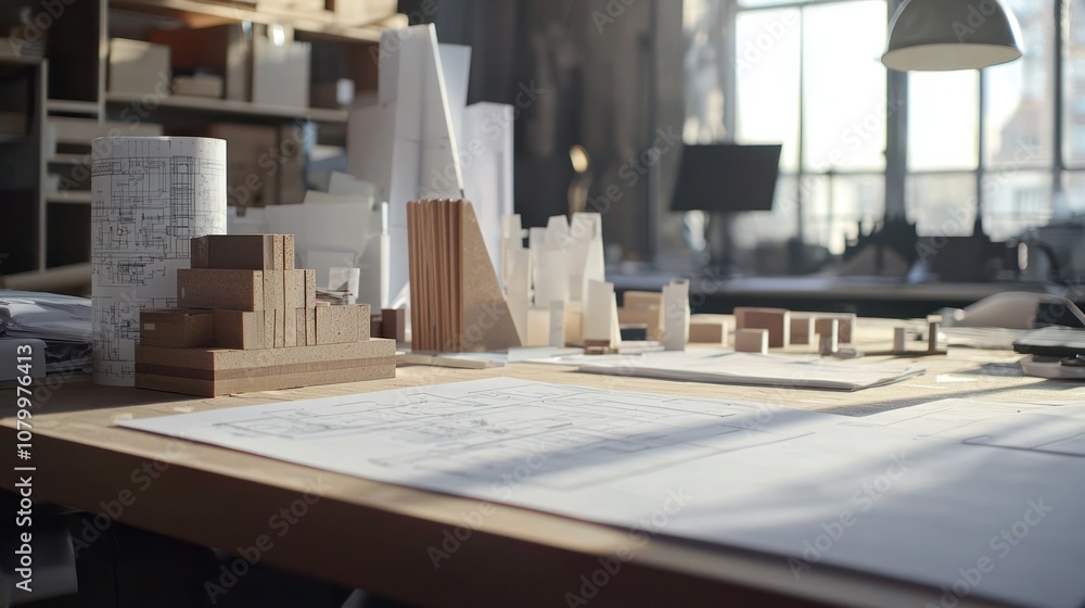 A workspace filled with blueprints and design materials, showcasing the creative process A workspace filled with blueprints and design materials, showcasing the creative process