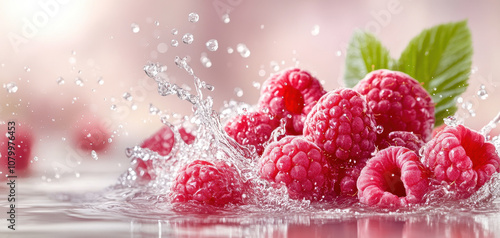 Fresh raspberries splashing in water with mint leaves, creating vibrant and refreshing scene. droplets enhance lively atmosphere, perfect for summer