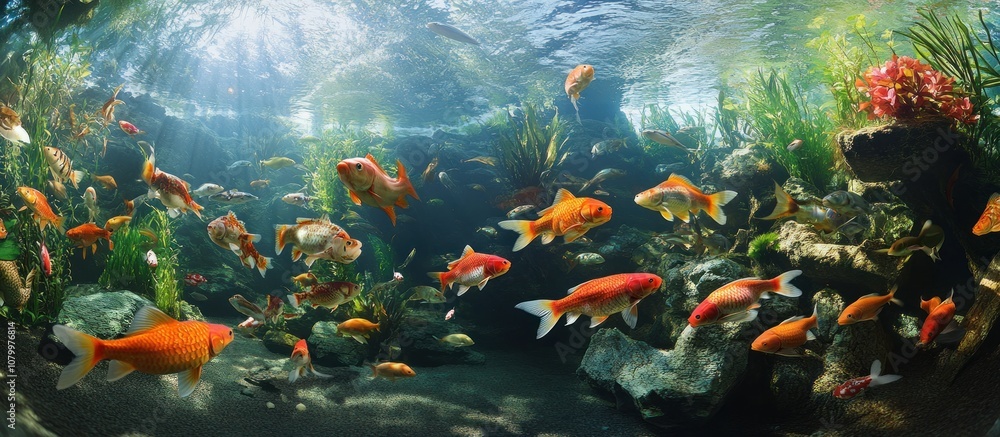 Naklejka premium A school of goldfish swimming in a clear pond with sunlight shining through the water.
