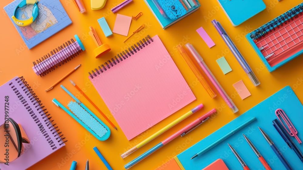 An organized desk featuring a variety of stationery items, including pens, sticky notes, and a planner. An organized desk featuring a variety of stationery items, including pens, sticky notes, and a planner.