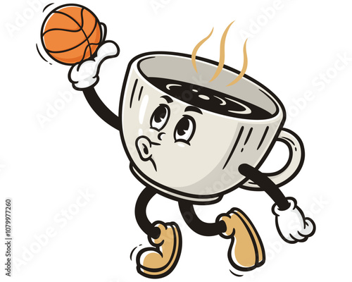 Coffee Cup playing slam dunk basketball, Cartoon Mascot Illustration Character Vector Retro Vintage Clip-art Hand-drawn Logo Design