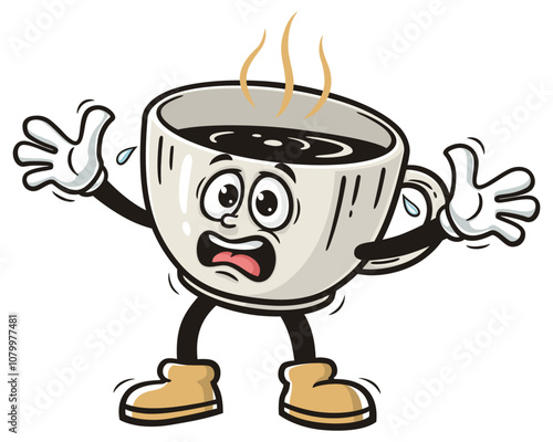 Panic Coffee Cup Cartoon Mascot Illustration Character Vector Retro Vintage Clip-art Hand-drawn Logo Design