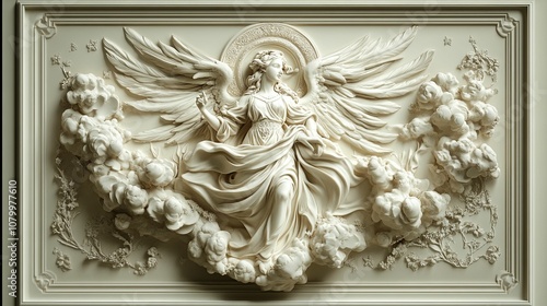 White Plaster Relief Sculpture of a Woman with Wings