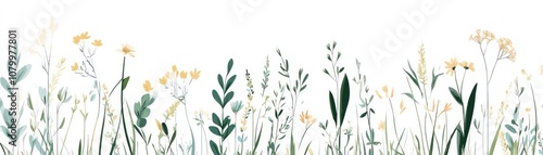 A delicate illustration of wildflowers and greenery against a white background.