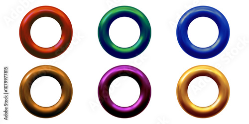 A set of multicolored metal or plastic rings or rivets for curtains, clothing, paper, stickers or tags. 3d vector