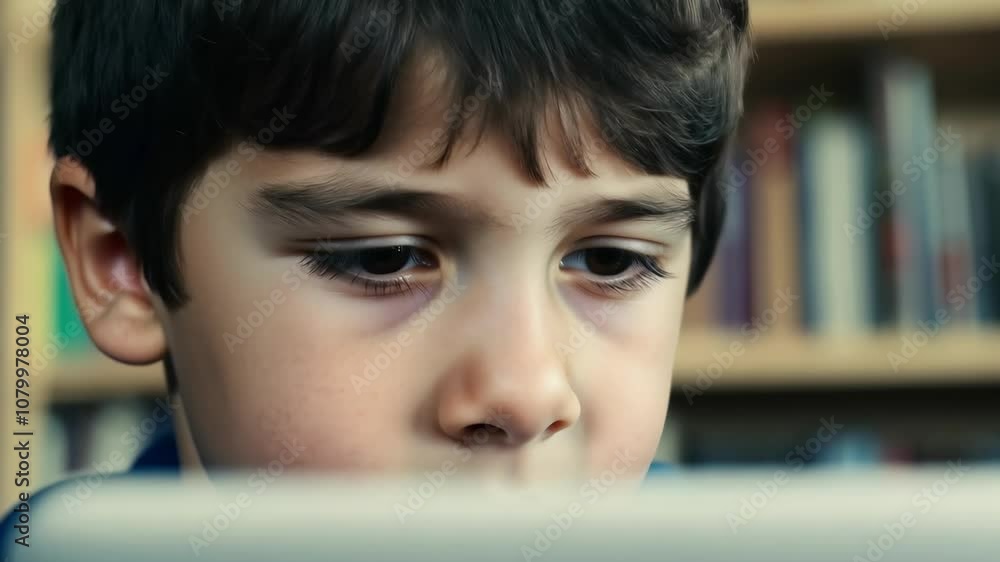 Curious child engaged in learning with laptop in cozy library setting Curious child engaged in learning with laptop in cozy library setting