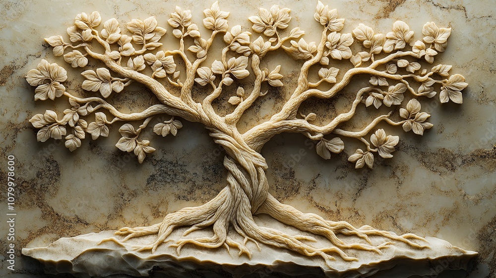 Intricate Carved Tree Relief on Marble Background Intricate Carved Tree Relief on Marble Background