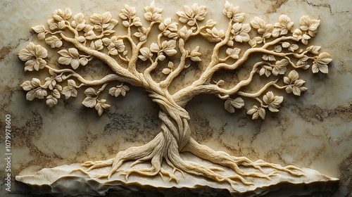 Intricate Carved Tree Relief on Marble Background