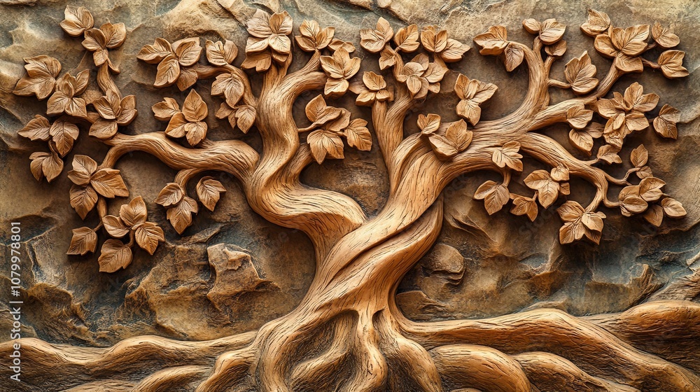 Carved Tree Trunk With Intricate Branching and Leaves Carved Tree Trunk With Intricate Branching and Leaves