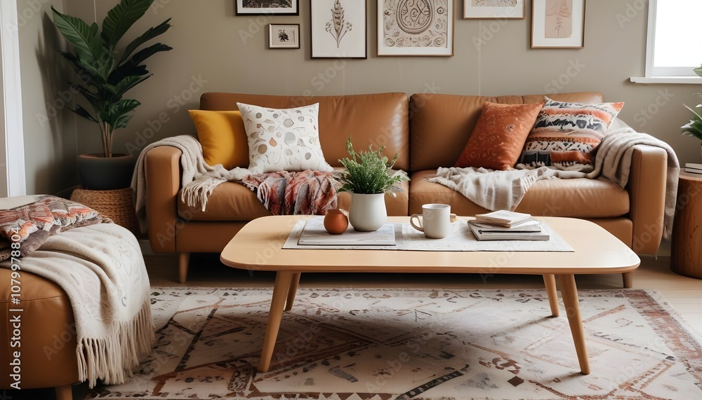 Obraz premium Scandinavian living room interior design zoom background,Doodle patterned wallpaper graphics