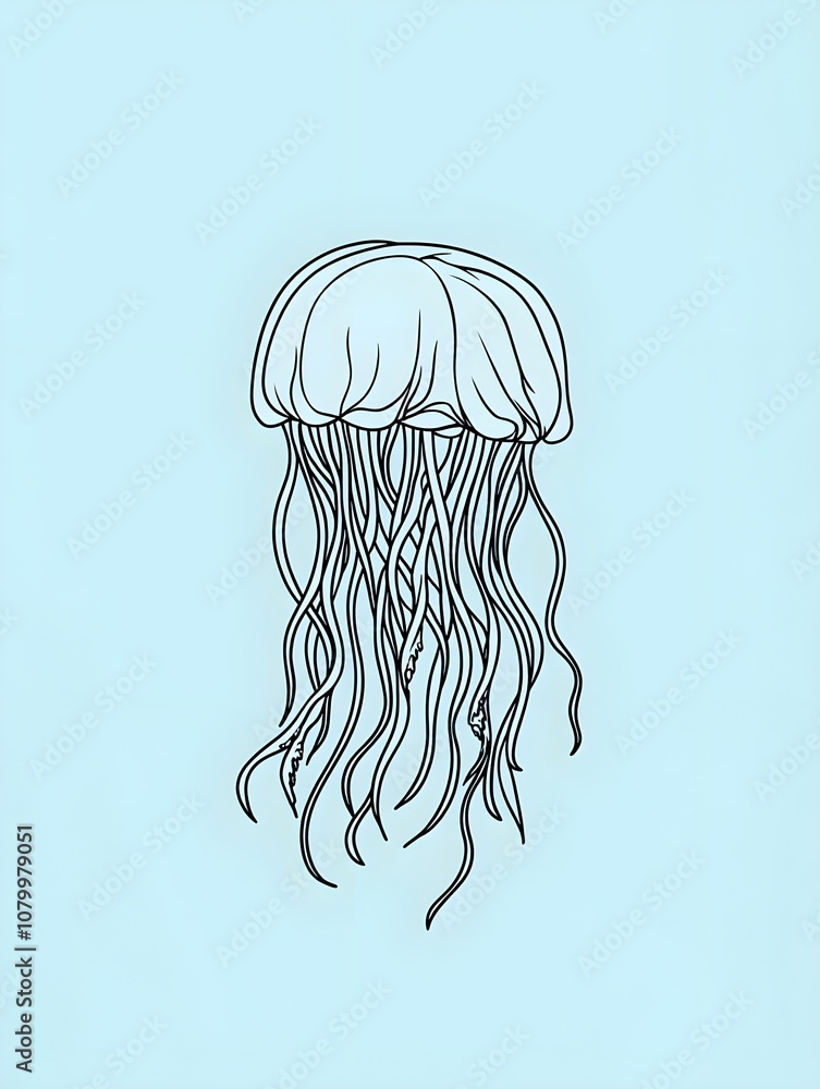 A jellyfish with flowing tentacles in simple black lines, set on a light blue background, with room above for text A jellyfish with flowing tentacles in simple black lines, set on a light blue background, with room above for text