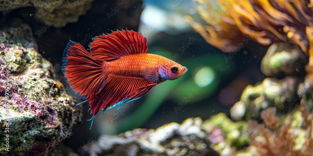 Bright red Betta fish showcasing its vibrant fins underwater Bright red Betta fish showcasing its vibrant fins underwater