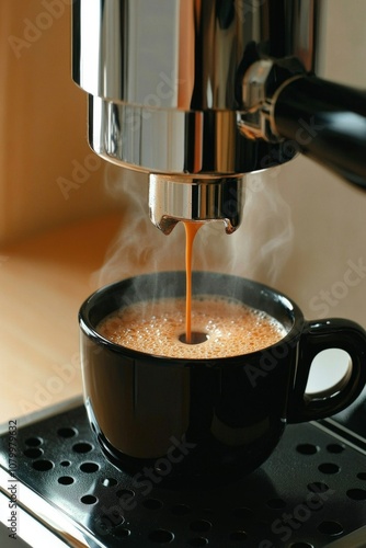 Espresso being poured from an espresso machine into a black cup. Close up details of fresh coffee, espresso. espresso machine.