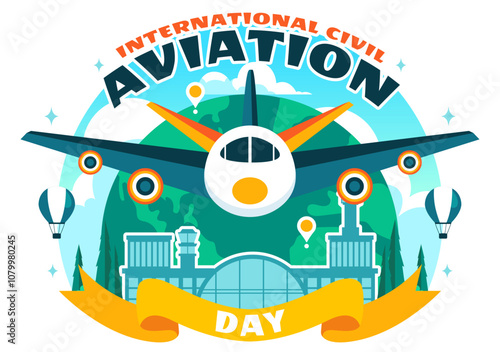International Civil Aviation Day Vector Illustration on December 7 Featuring Airplane and Sky Blue View in Appreciation of Aviation in Flat Background