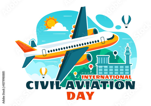 International Civil Aviation Day Vector Illustration on December 7 Featuring Airplane and Sky Blue View in Appreciation of Aviation in Flat Background