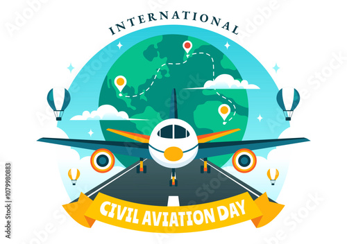 International Civil Aviation Day Vector Illustration on December 7 Featuring Airplane and Sky Blue View in Appreciation of Aviation in Flat Background