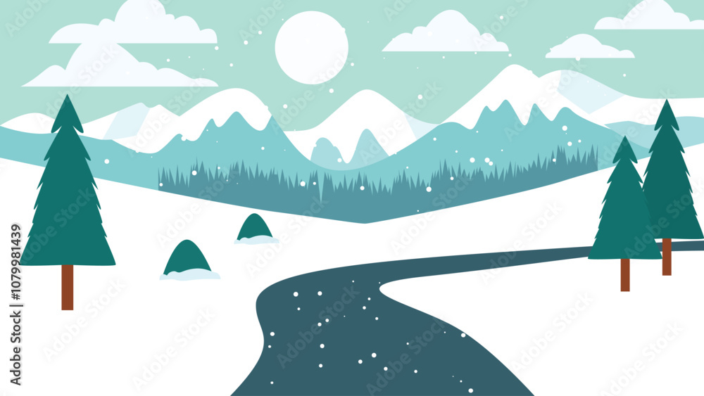 Fototapeta premium Mountain Nature Landscape with River and Pine Tree in Snow Winter Season