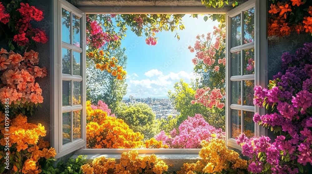 A Window View of a Cityscape with Blooming Flowers A Window View of a Cityscape with Blooming Flowers