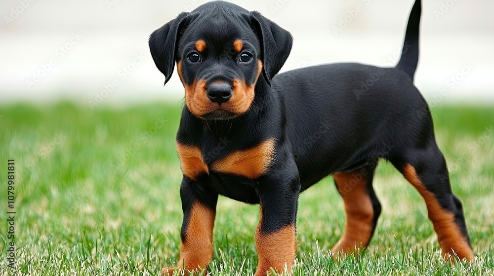 Playful doberman puppy backyard animal photography lush green grass close-up cutest companions Playful doberman puppy backyard animal photography lush green grass close-up cutest companions