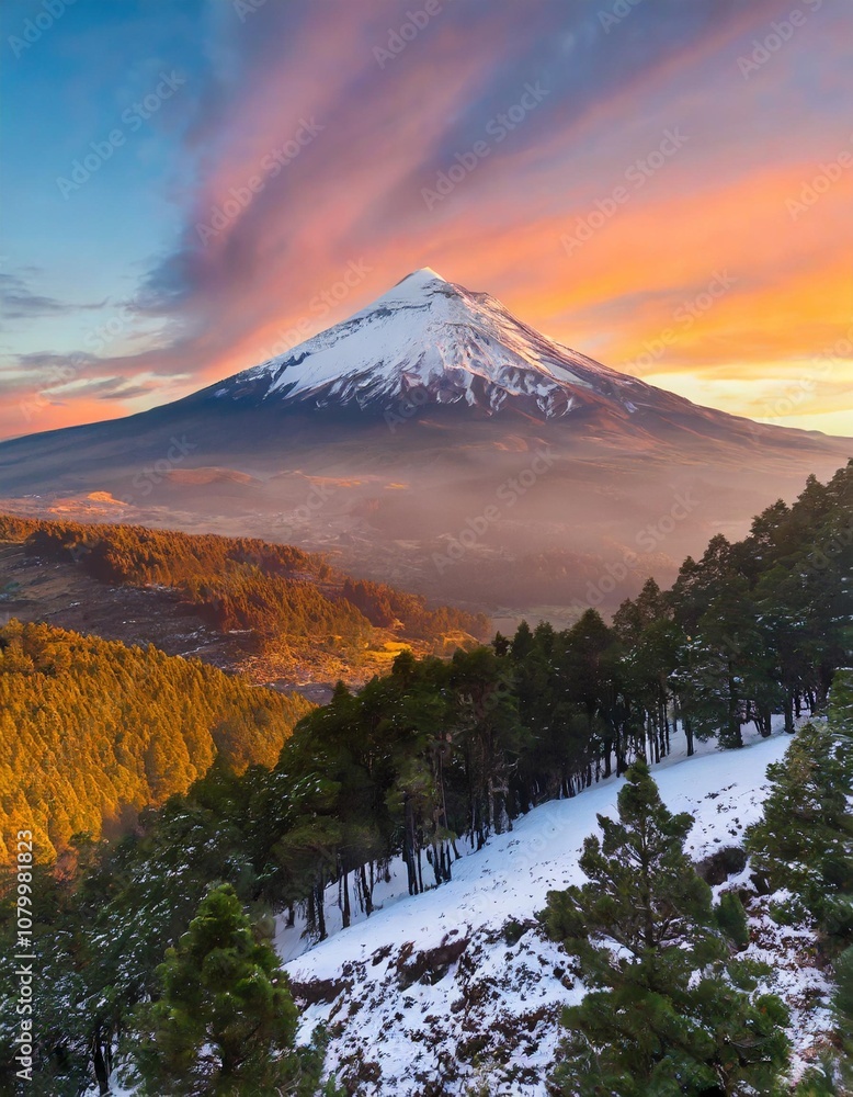 Fototapeta premium Snow-Capped Volcano Towering Over a Serene Valley, Captured at Sunset With Vibrant Orange and Pink Hues in the Sky, Surrounded by a Dense Pine Forest for a Stunning Nature Landscape
