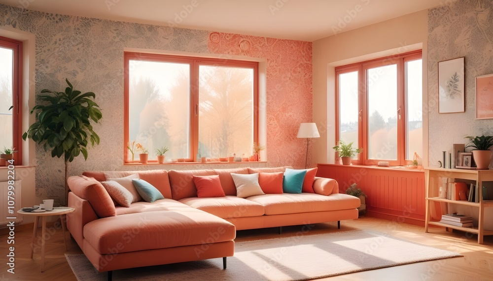 Fototapeta premium Scandinavian living room interior design zoom background,Doodle patterned wallpaper graphics