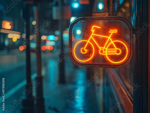 Photo, Neon Bicycle Sign in Rainy City Night photo