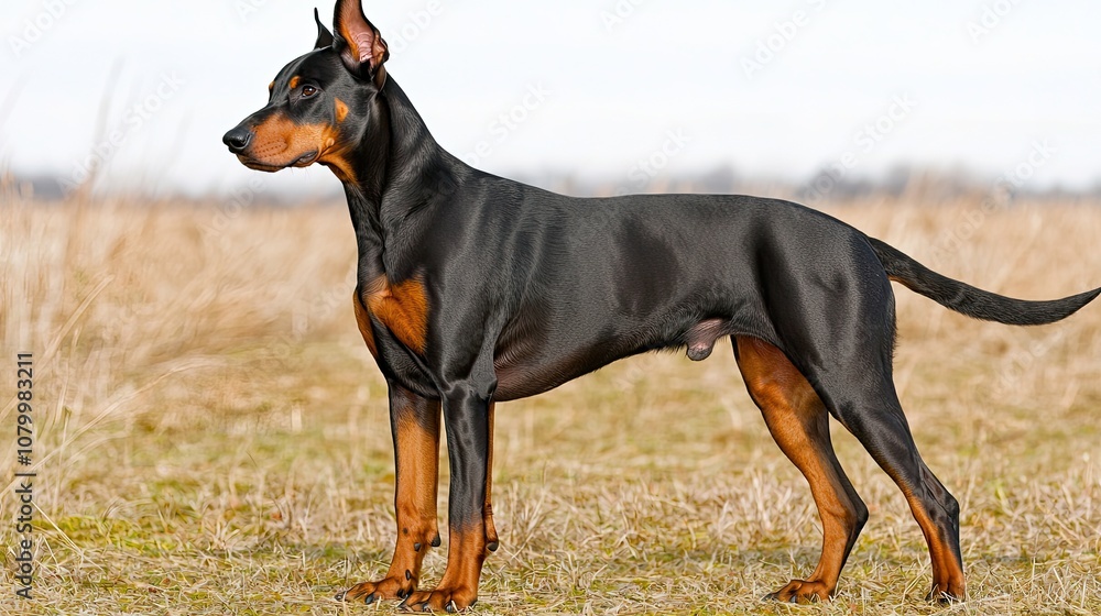 Doberman standing proudly in open field nature photography outdoor environment side view canine beauty Doberman standing proudly in open field nature photography outdoor environment side view canine beauty