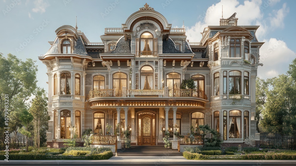Elegant Victorian-style mansion with intricate architectural details. Elegant Victorian-style mansion with intricate architectural details.