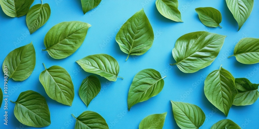 Green leaves arranged on a blue background. Green leaves arranged on a blue background.