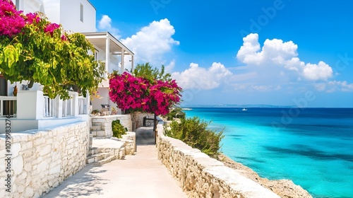 Fototapeta Naklejka Na Ścianę i Meble -  A Mediterranean beach villa with white stone walls, multiple terraces, and climbing bougainvillea, facing the turquoise ocean on a sunny day.