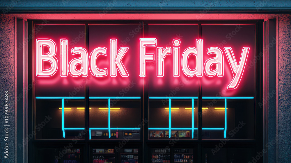 Neon lit storefront featuring vibrant Black Friday sign, attracting shoppers with its bright colors and festive atmosphere Neon lit storefront featuring vibrant Black Friday sign, attracting shoppers with its bright colors and festive atmosphere