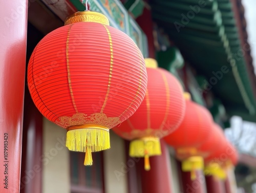 A row of red and yellow lanterns are hanging from a building. The lanterns are arranged in a line and are of varying sizes.