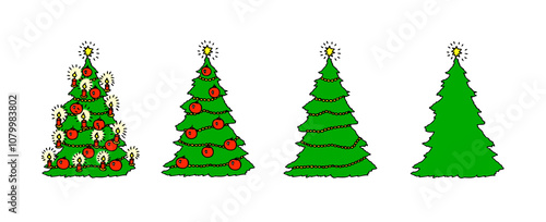 Vier ungeschmückte und geschmückte Weihnachtsbäume