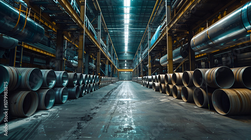 Large Industrial Warehouse with Metal Pipes and Cylinders
