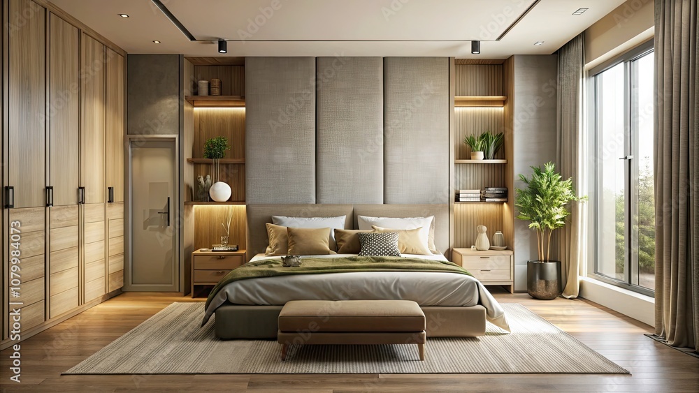 Fototapeta premium Minimalist Tranquil Bedroom with Hidden Storage Solutions in Muted Earth Tones, Bathed in Soft Afternoon Sunlight, Showcasing Matte Finishes for a Serene and Clutter-Free Aesthetic