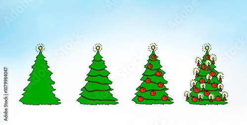 Vier ungeschmückte und geschmückte Weihnachtsbäume