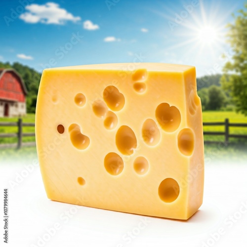 Isolated Wedge of Swiss Cheese with Large Holes with Alpine Farm Background Close Up.