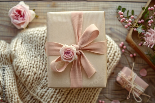 Charming gift box wrapped in pastel elegance with a rose accent, nestled against cozy textures