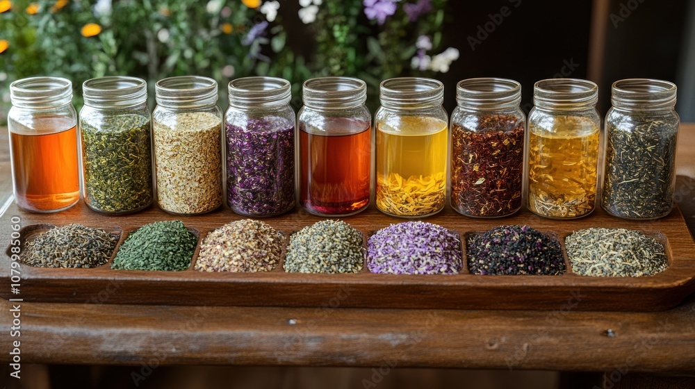 A display of jars containing various herbs and infused liquids. A display of jars containing various herbs and infused liquids.