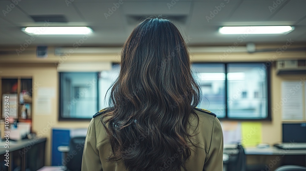 Woman with Long Black Hair in a Green Uniform Stands Facing Away from the Camera in a Room with Windows Woman with Long Black Hair in a Green Uniform Stands Facing Away from the Camera in a Room with Windows